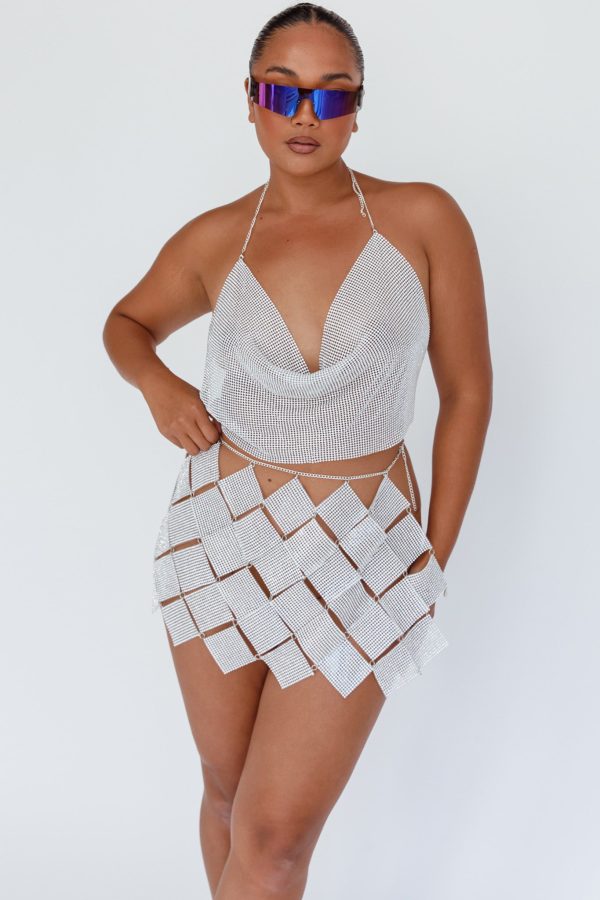 Vally Sequins Geometric Mini Skirt Silver on Sale