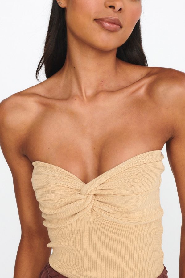 Teagan Strapless Ribbed Knit Top Beige Fashion