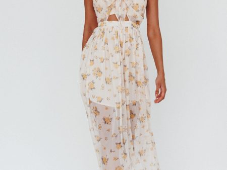 Los Feliz Tied Bust Halterneck Midi Dress Sheer Floral Yellow Fashion