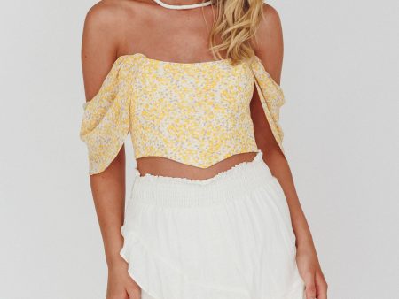 Brandy Off-Shoulder Pointed Hem Crop Top Mottled Print Yellow Cheap