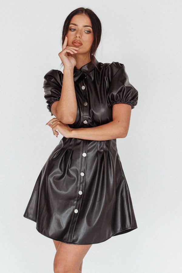 Zurich Pleated Waist Shirt Dress Faux Leather Black Hot on Sale