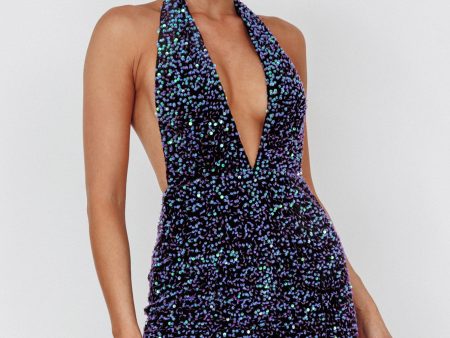 Zurie Plunging Halter Mini Dress Sequin Purple Discount