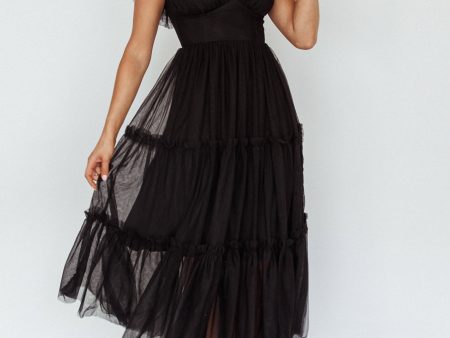 Amal Ruffle Shoulder Tulle Midi Dress Black Discount