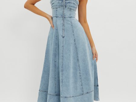 Emilio Pleated Bust A-Line Midi Dress Denim Blue For Sale