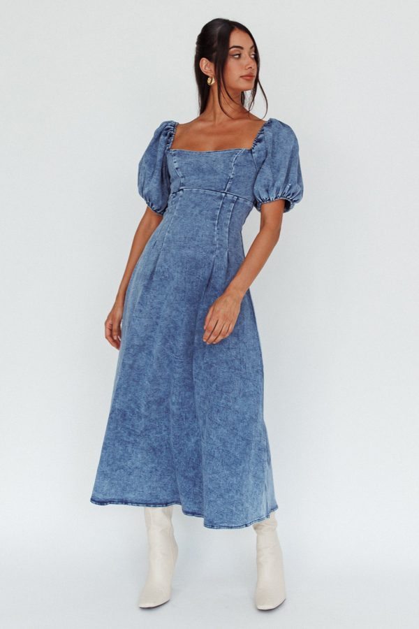 Zurich Puff Sleeve Midi Dress Blue Cheap