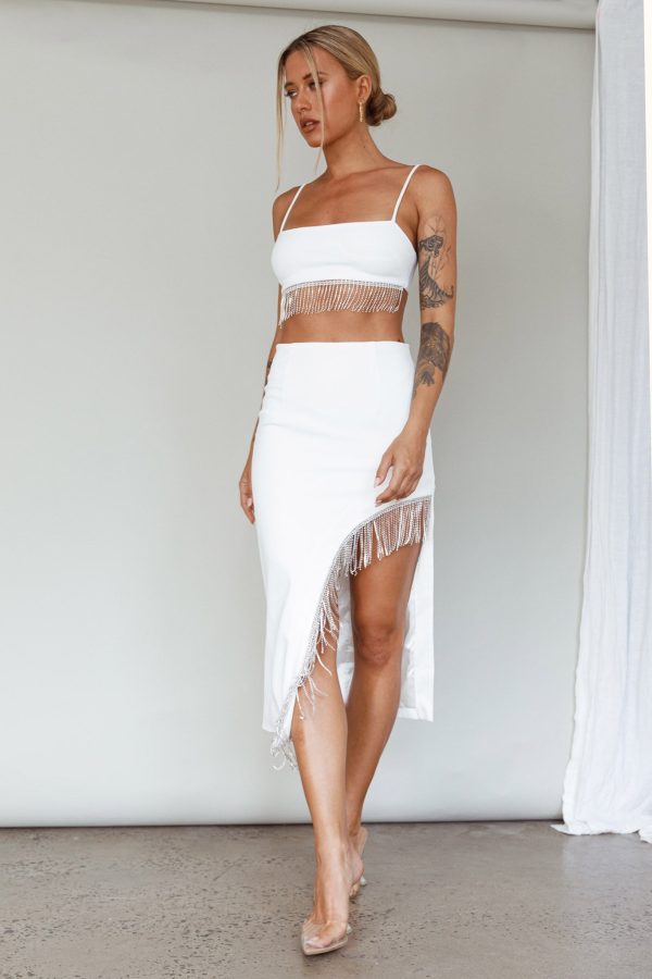 Attention Seeker Diamante Trim Midi Skirt Off White Online Sale