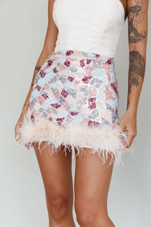 Sunset Boulevard Sequin Feather Mini Skirt Multi For Sale