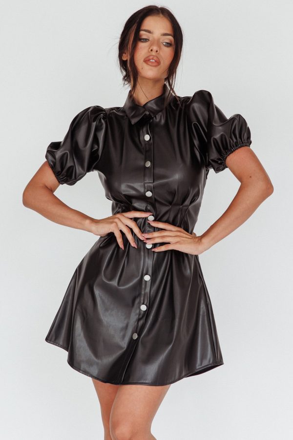 Zurich Pleated Waist Shirt Dress Faux Leather Black Hot on Sale