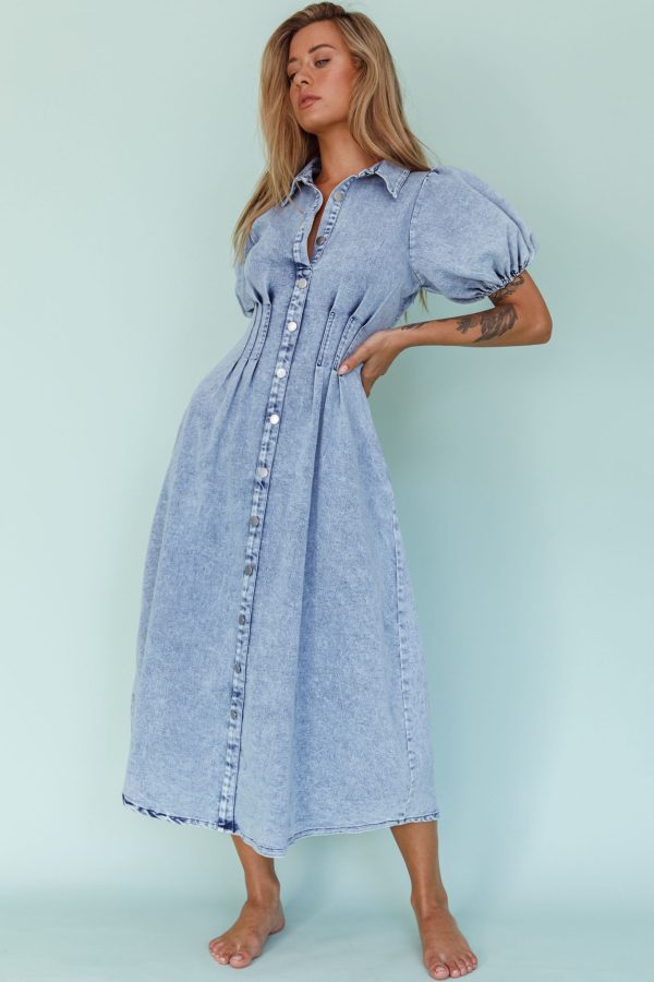 Zurich Pleated Waist Midi Dress Denim Blue Online Sale