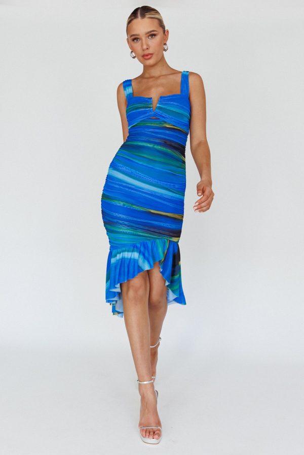 Nadia Ruched Fishtail Midi Dress Print Blue Hot on Sale