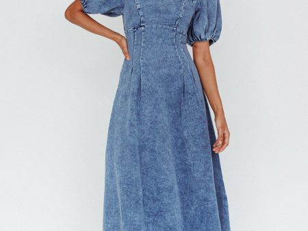 Zurich Puff Sleeve Midi Dress Blue Cheap