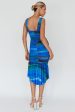 Nadia Ruched Fishtail Midi Dress Print Blue Hot on Sale