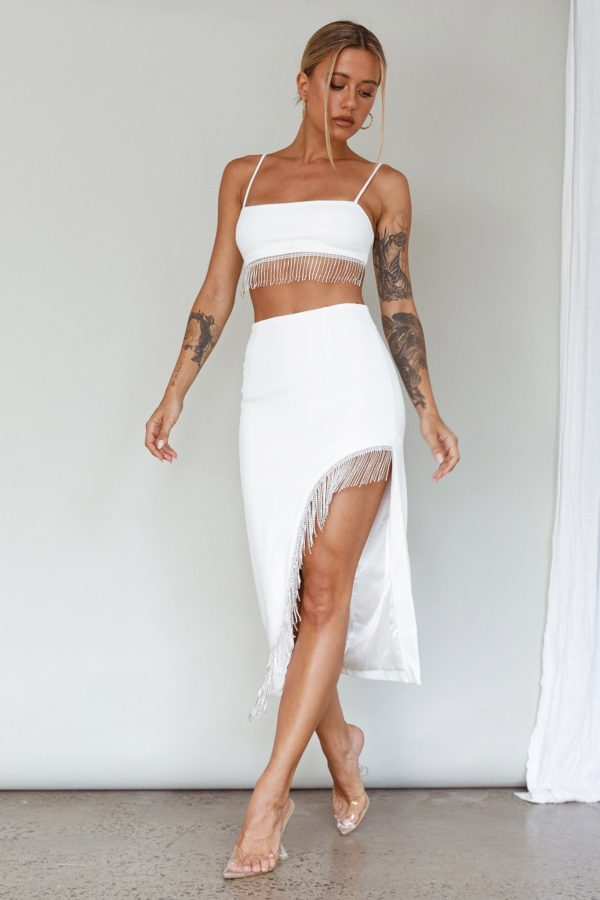 Attention Seeker Diamante Trim Midi Skirt Off White Online Sale