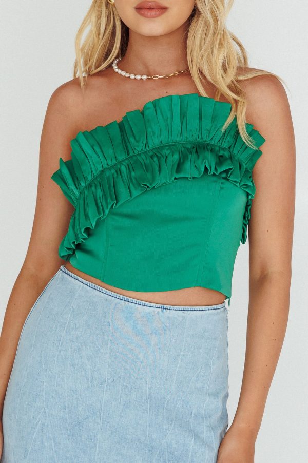 La Belle Frill Neckline Crop Top Green For Cheap