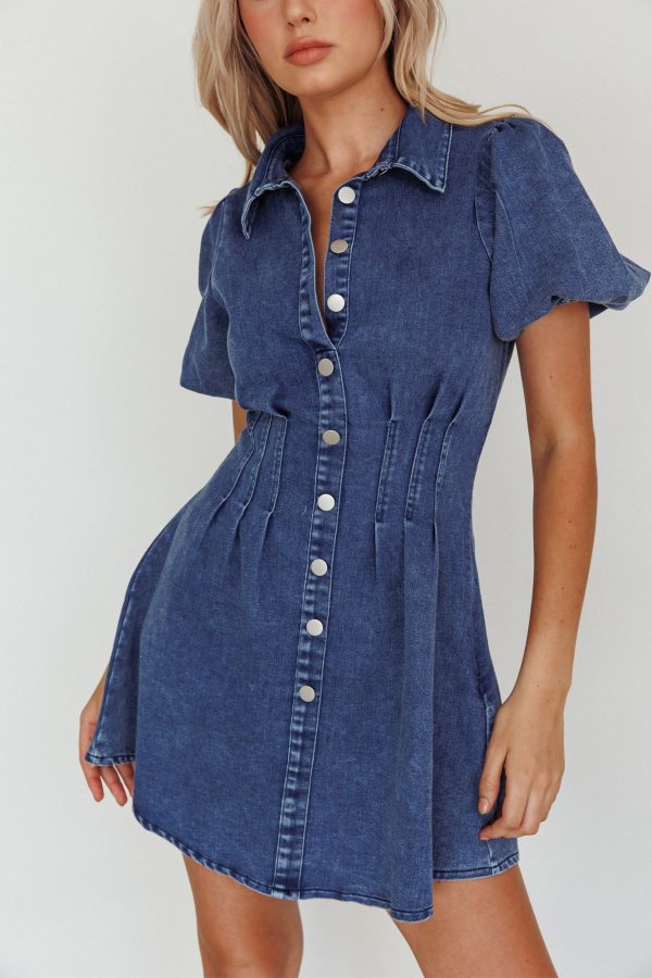 Zurich Pleated Waist Shirt Dress Dark Blue on Sale