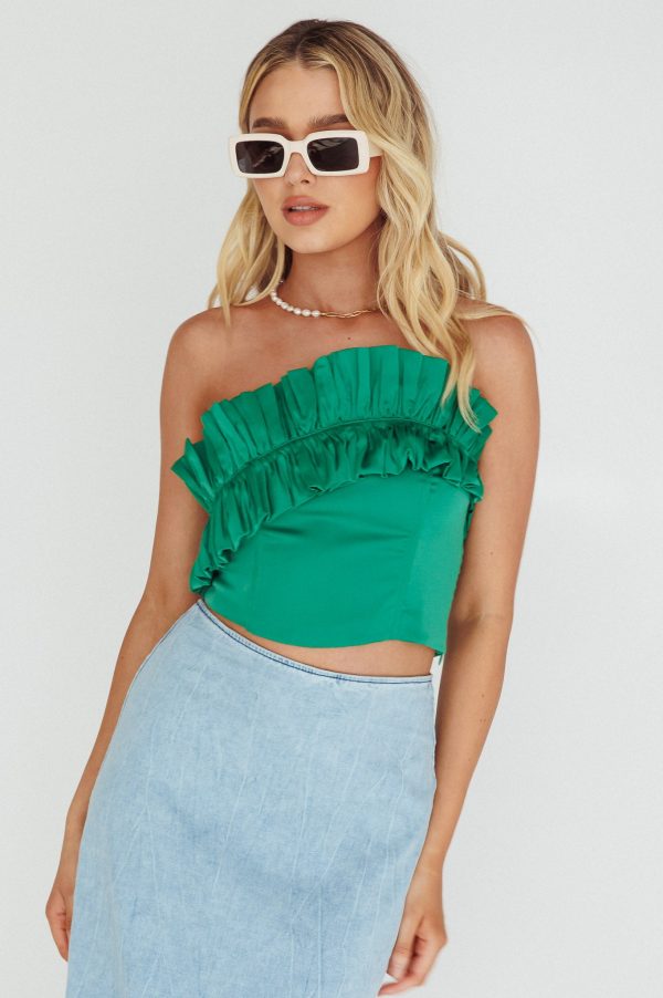 La Belle Frill Neckline Crop Top Green For Cheap