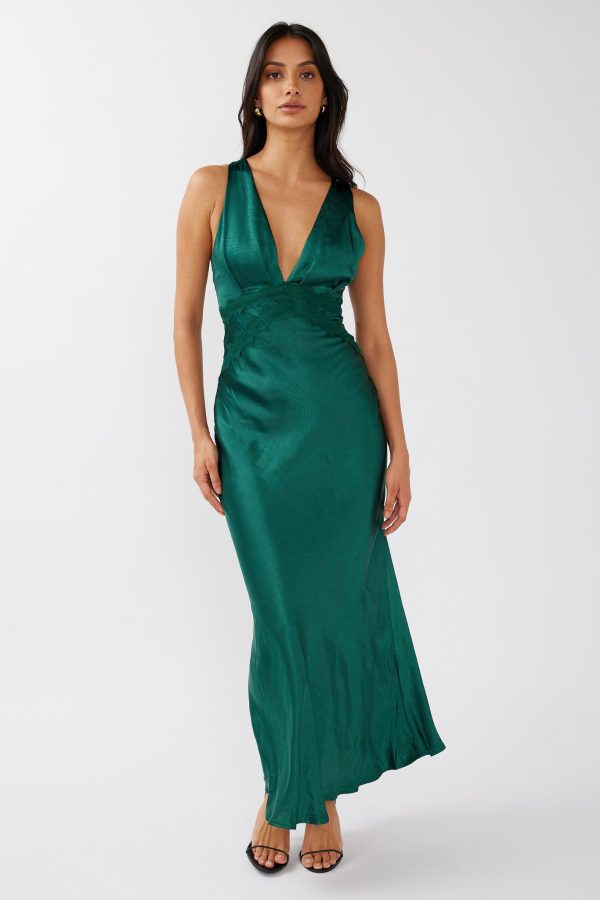 Theriz Lace Trim Tied Back Maxi Dress Green For Discount