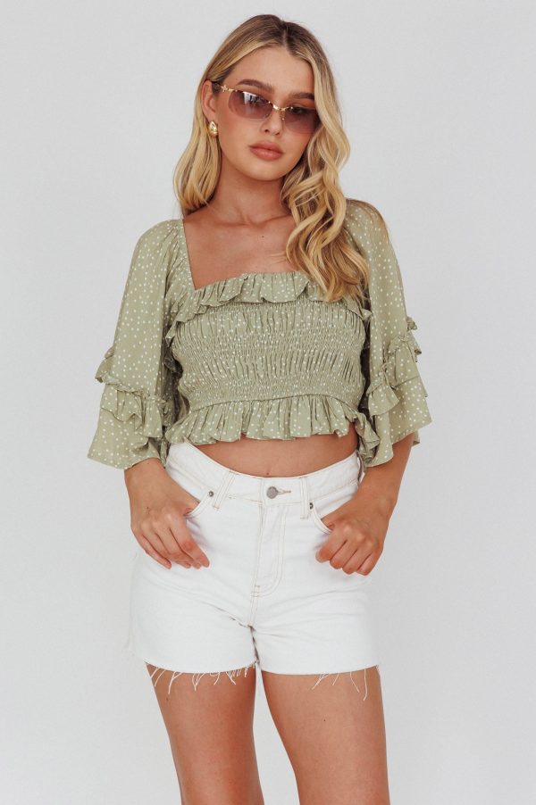 Boardwalk Bell Sleeve Crop Top Spotty Sage Fashion