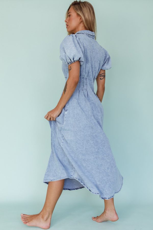 Zurich Pleated Waist Midi Dress Denim Blue Online Sale