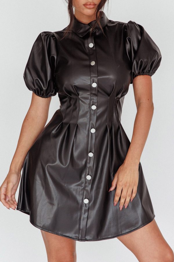 Zurich Pleated Waist Shirt Dress Faux Leather Black Hot on Sale