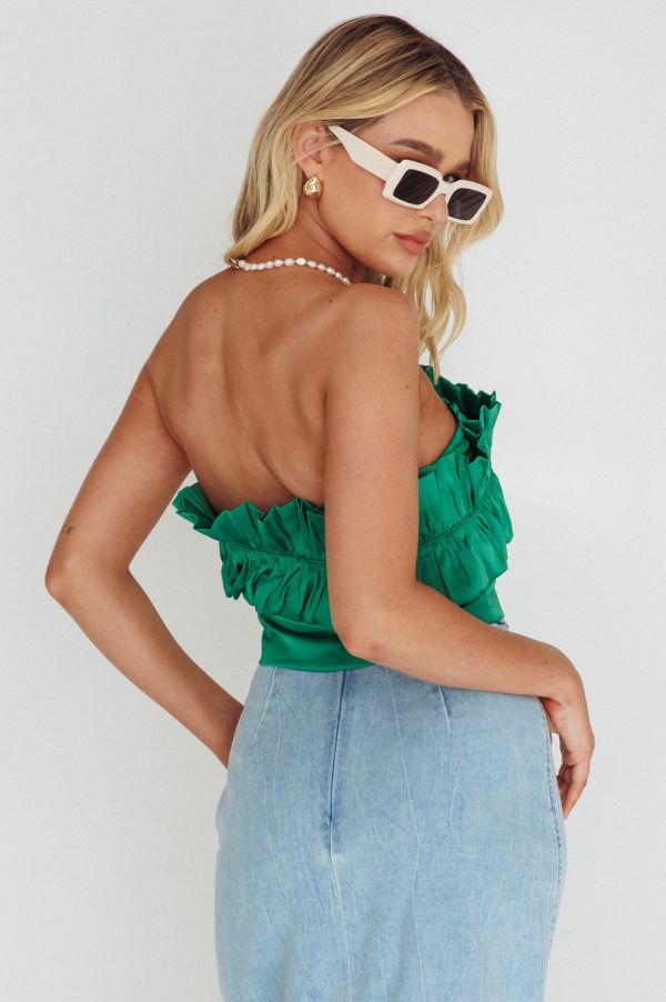 La Belle Frill Neckline Crop Top Green For Cheap