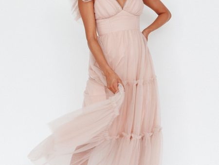 Amal Ruffle Shoulder Tulle Midi Dress Nude Online Sale