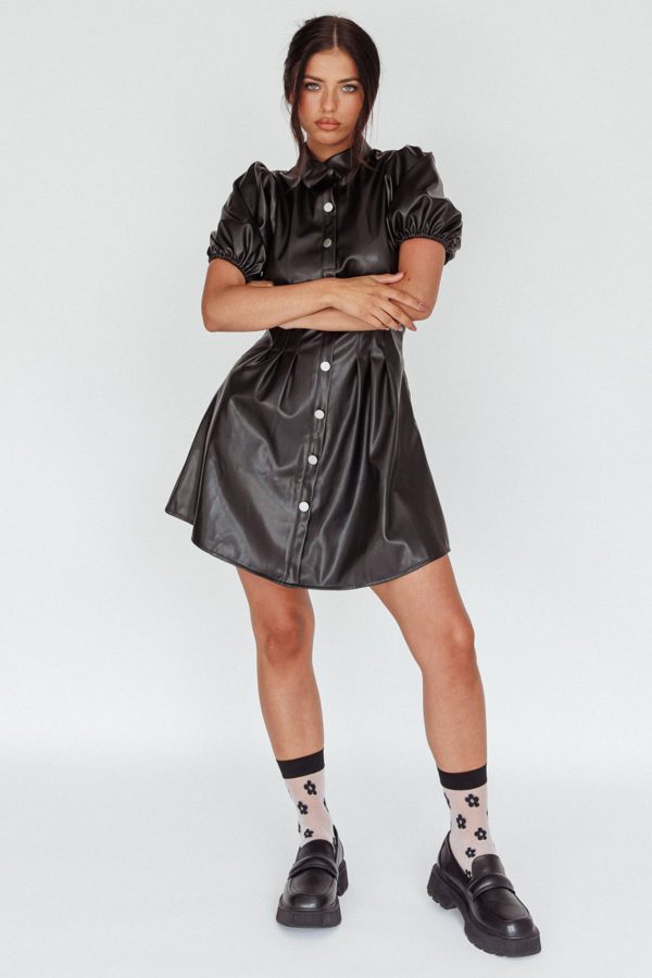 Zurich Pleated Waist Shirt Dress Faux Leather Black Hot on Sale