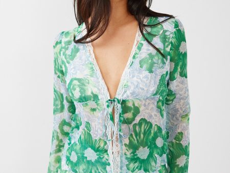 Sincerity Long Sleeve Tie Front Top Print Green Discount