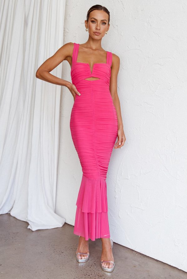 Nadia Ruched Fishtail Maxi Dress Hot Pink For Sale