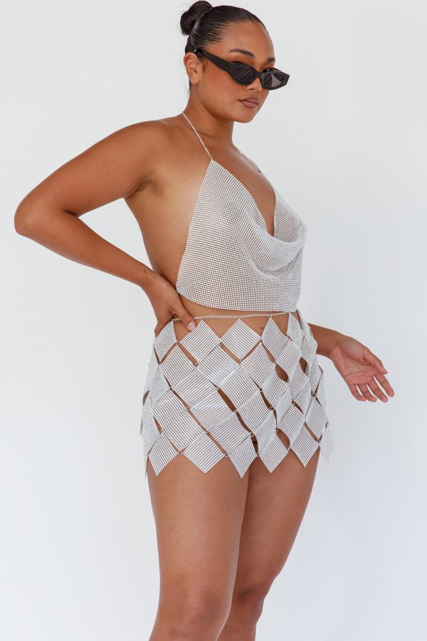 Vally Sequins Geometric Mini Skirt Silver on Sale