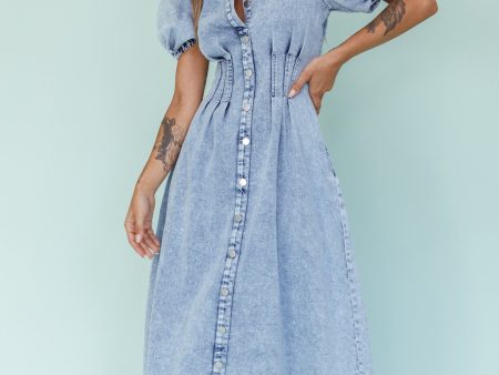 Zurich Pleated Waist Midi Dress Denim Blue Online Sale