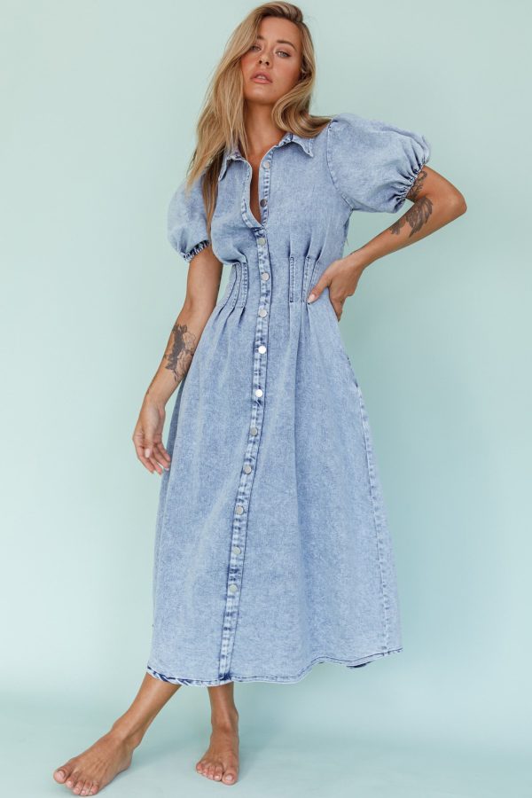 Zurich Pleated Waist Midi Dress Denim Blue Online Sale