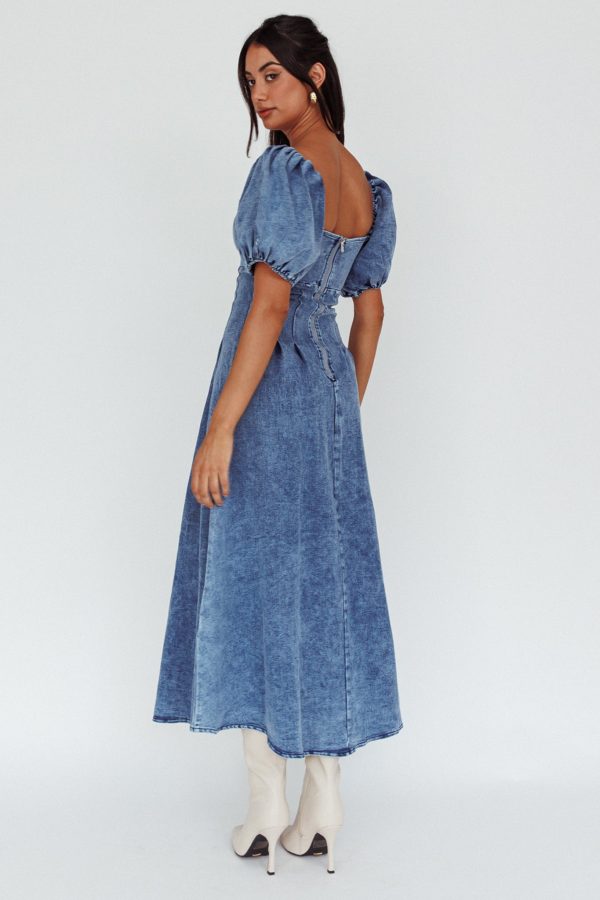 Zurich Puff Sleeve Midi Dress Blue Cheap