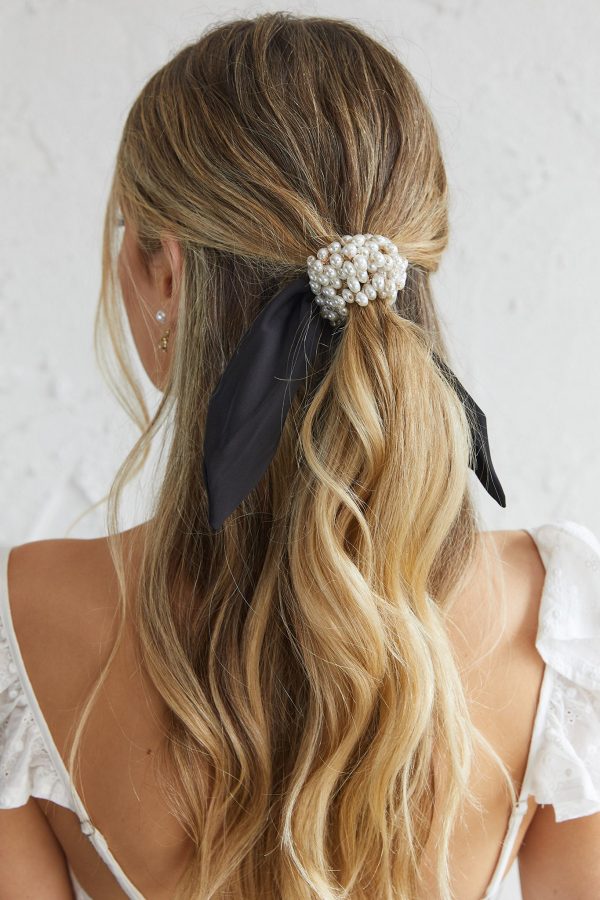 Carina Pearl & Satin Bow Hair Tie Black For Discount