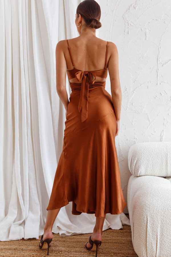 Abby Cami Strap Gathered Bust Front Split Midi Dress Chocolate Supply