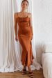 Abby Cami Strap Gathered Bust Front Split Midi Dress Chocolate Supply