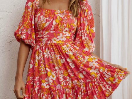 Abby Off-Shoulder Tie-Up Back Dress Retro Floral Orange Online Hot Sale