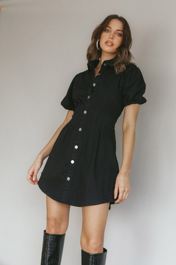 Zurich Pleated Waist Shirt Dress Black Hot on Sale