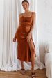 Abby Cami Strap Gathered Bust Front Split Midi Dress Chocolate Supply