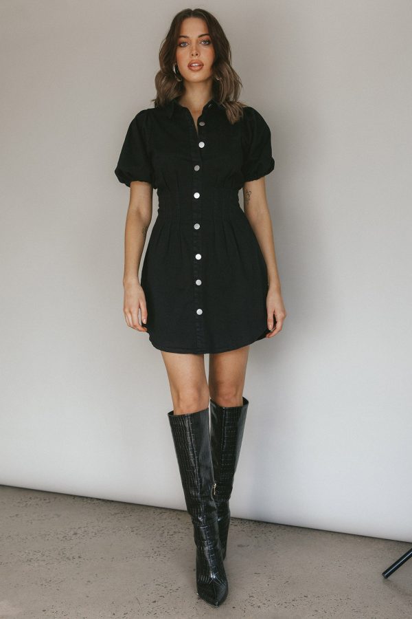 Zurich Pleated Waist Shirt Dress Black Hot on Sale