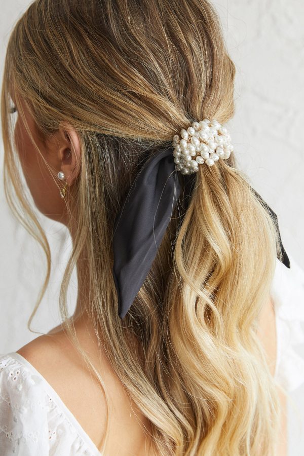 Carina Pearl & Satin Bow Hair Tie Black For Discount