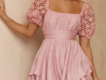 Abby Lace Puff Sleeve Tie-Up Back Dress Blush Hot on Sale