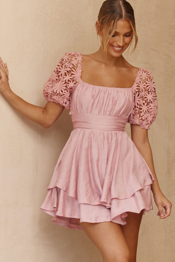 Abby Lace Puff Sleeve Tie-Up Back Dress Blush Hot on Sale