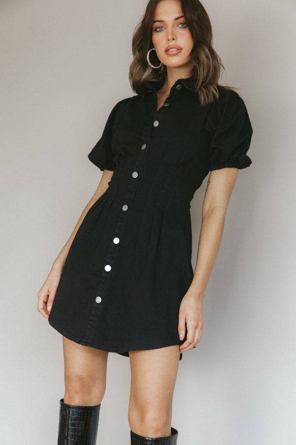 Zurich Pleated Waist Shirt Dress Black Hot on Sale