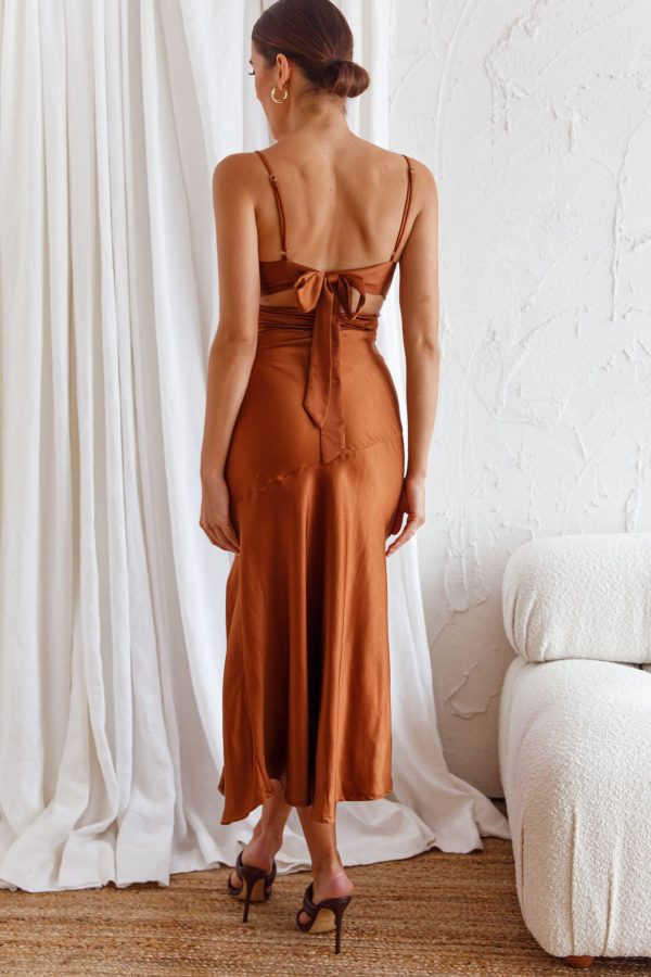 Abby Cami Strap Gathered Bust Front Split Midi Dress Chocolate Supply