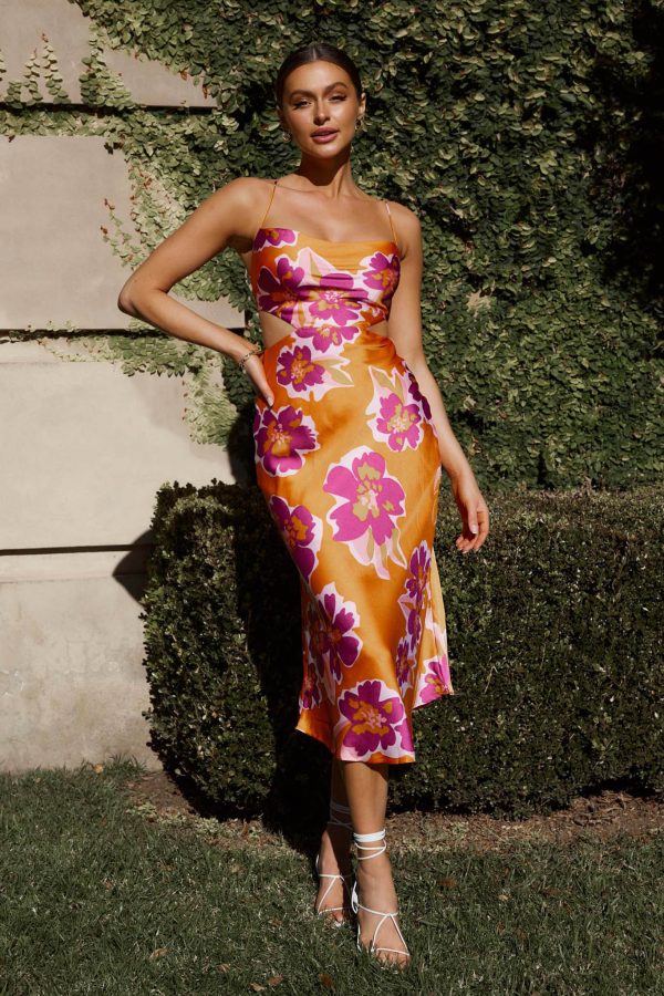 Sunday Bliss Tie-Up Back Cowl Neck Midi Dress Flower Orange on Sale