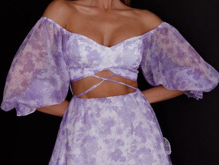 Alethea Puff Sleeve Cut-Out Waist Dress Floral Print Lilac Online